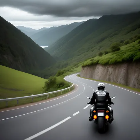 Bikers riding down a winding road between mountains by the sea with their motorcycles. Night with cloudy skies.