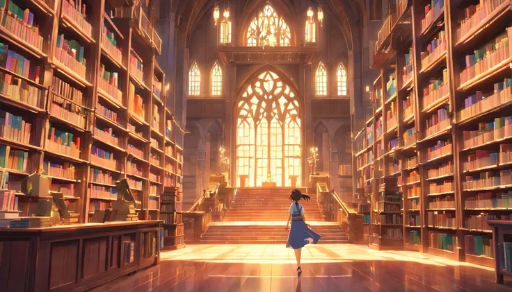 General shot of the castle library with shelves full of shiny books. (fantasy, mythical creatures, magical scene)