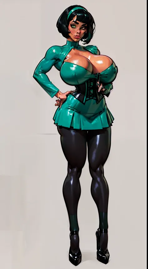 ((masterpiece)),(((best quality))),((character design sheet)), ((full body view)) illustration,1girl, muscular, ((tight mintgreen skirt:1.2)), buttercup, (mintgreen hairband),((black hair:1.4)), greendress ((detailed face:1.4)) ((gigantic breasts:1.3)), ((...