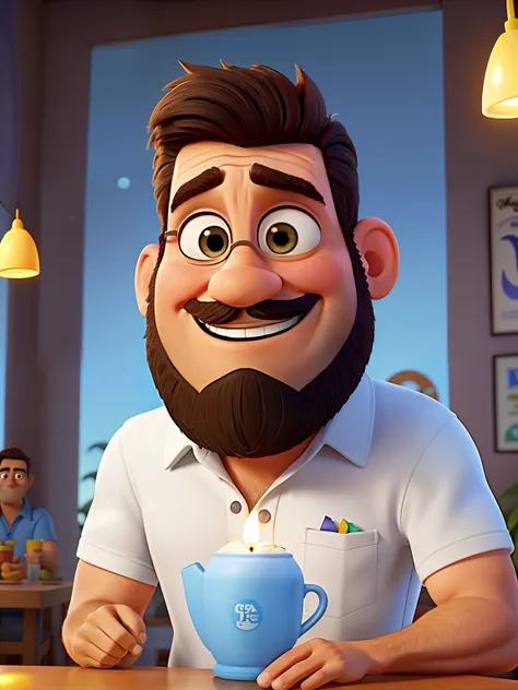 Poster no estilo Disney pixar, alta qualidade, melhor qualidade, homem sexy branco, 30 anos cabelo grisalho barba preta, musculoso, com fundo em um restaurante a luz de velas