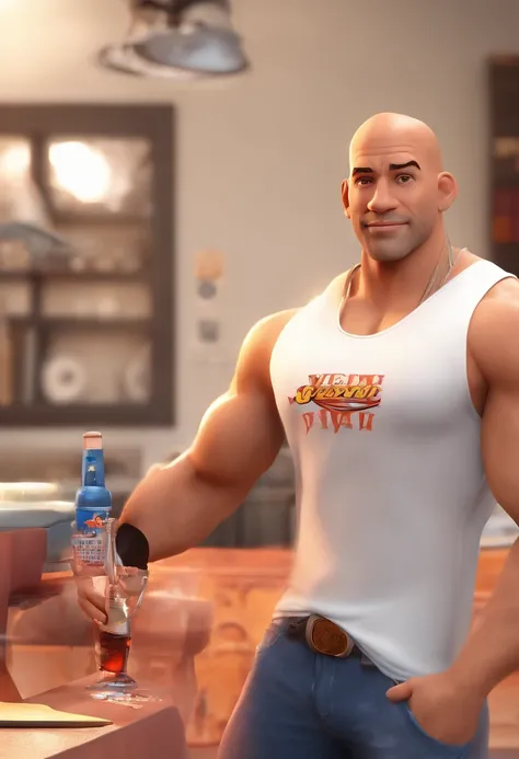 Estilo Pixar: O homem adulto moreno careca sem barba estilo Vin Diesel de camiseta branca regata, mulher loira de 40 anos com camiseta vermelha ao fundo  uma pote e um castelo