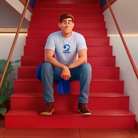 Poster no estilo Disney pixar, alta qualidade, melhor qualidade, homem sexy branco, 30 anos cabelo castanho, definido, sentado em degraus vermelho-escuro fundo