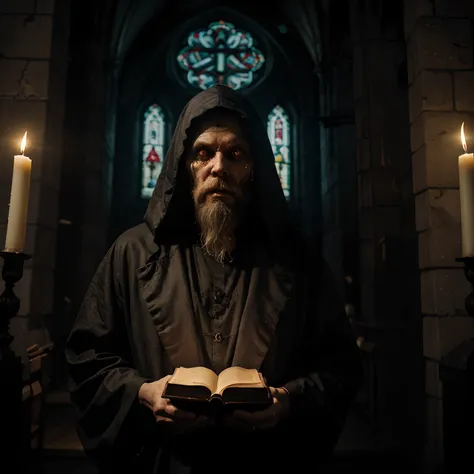 (an old terrifying father of the church:1.1), very long white beard, holding a bible, madness-filled eyes, terrifying gaze, wicked smile, blood-dripping beard, gothic cathedral, dim candlelight, ominous atmosphere, ancient religious artifacts, stained glas...