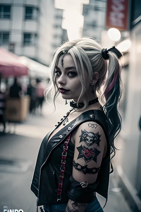 ((Margot Robbie como Harley Quinn como Garota Punk)), (Margor Robbbie), emo,sorriso, (rindo), Tosaka、Se mangas, lo gothic punk, 1girl em, solo, medium shot, ((durante a noite)), bokeh dof, Neon light, olhos iridescentes, starly sky, cabelos loiros com mech...