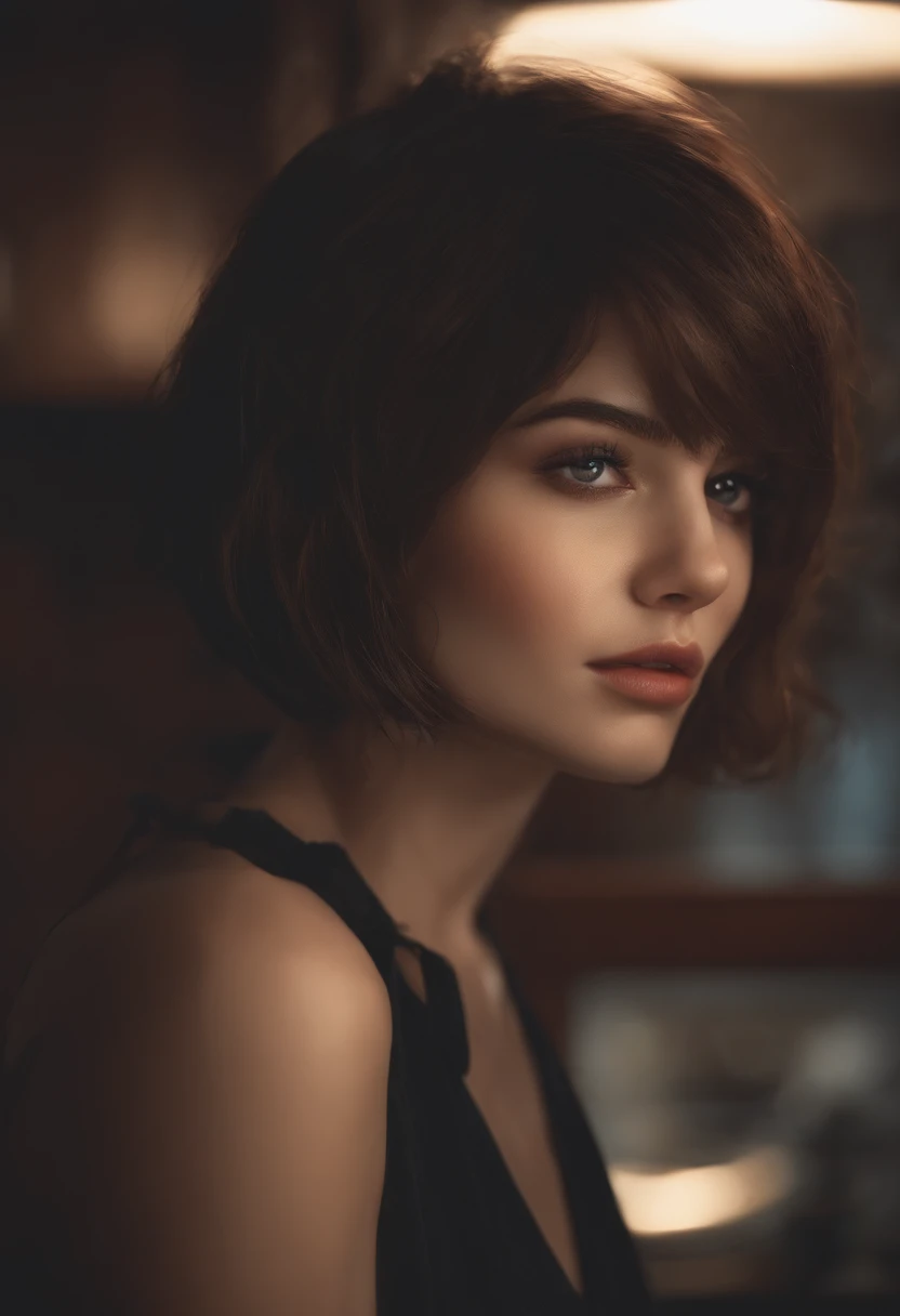 high resolution, master part, Ruka Sarashina, short hair, cabelos pretos, (sozinho), 1girl, fofo, interior, Olhos detalhados, (olhos negros)