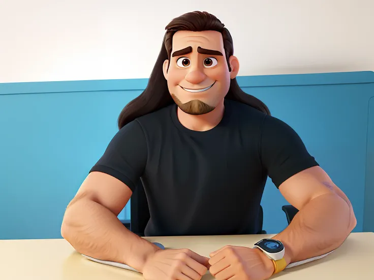 Poster no estilo Disney pixar, alta qualidade, melhor qualidade, homem sexy branco, 30 anos cabelo castanho, barba preta, musculoso, with background in an office