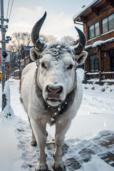 (best quality,highres:1.2),ultra-detailed,(realistic:1.37),frontal photo of a buffalo, snow falling on the streets of Wisconsin, detailed face, snowy landscape, cold winter atmosphere, majestic presence, thick fur, snow-covered horns, powerful and sturdy b...