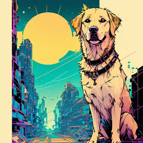 nvinkpunk, golden retriever, space, synthwave