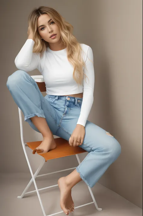 a woman sitting on a chair with her legs crossed, casual pose, wearing a sexy cropped top, white shirt and blue jeans, wearing a cropped tops, white shirt and jeans, perfectly poised, wearing a cropped top, relaxed pose, full body picture, wearing jeans, d...