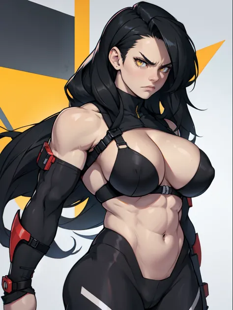 girl muscular huge breasts toned body pale skin black hair yellow eyes very long hair angry solo