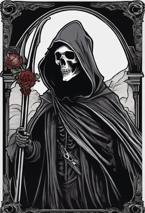 /imagine prompt: grim reaper illustration for a sticker with a black background, in bold outline style, jagged edges, trashcore, light shading --v 5.2