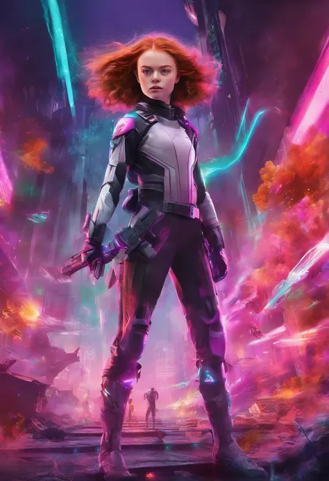 Sadie Sink em pose de luta com poderes neon iridescentes brilhantes usando um uniforme todo preto e roxo e branco com raios eletricos neon roxos atras dela, Flying and your hair flowing, photographic lighting, uhd, 4k, unreal engine, marvel, poster da marv...