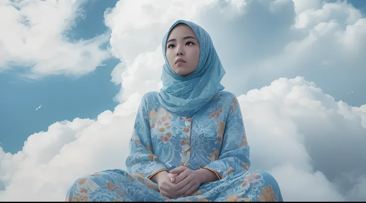 Capture the Malay girl in blue hijab and floral pattern baju kurung sitting on a fluffy cloud high in the sky. The cloud acts as her personal retreat in the sky, suspended above the world below, 28mm lens, Establishing shot, muted color grading, cinemascop...