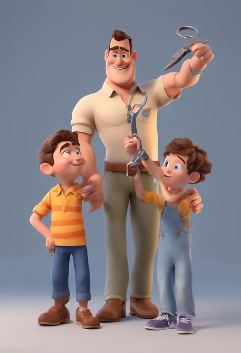 Estilo Pixar: The grown man is holding a naked blue-eyed boy and in his other hand he is holding a pair of scissors and is trying to cut off the boys testicles,3D Poster,Disney