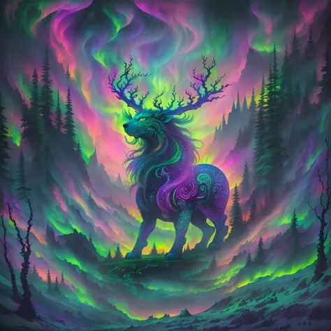 trippy art,(aurora borealis),Norse mythical beasts,mystical forest。