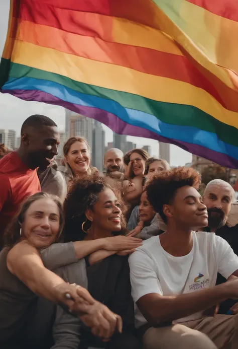 group of various people with different ethnicities, people with disabilities, rainbow flag in the background of a city, written in large colorful MDB.