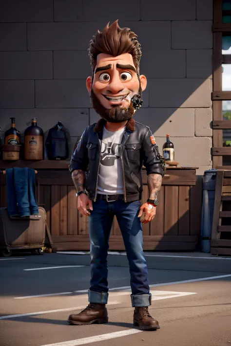 master part, best quality, um velho com barba branca e longos cabelos castanhos, vestindo uma jaqueta de couro e jeans preto, ao lado de sua motocicleta