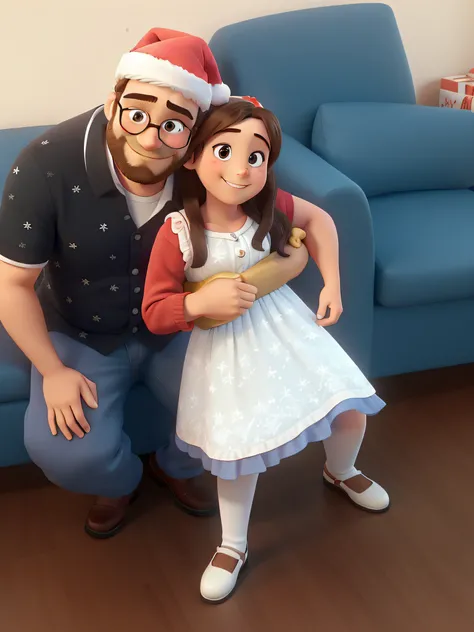 um homem branco de cinquenta e cinco anos de idade com pouco cabelo, No glasses, no beard wearing a Santa hat hugging his niece, a seven-year-old white girl, theyre both smiling