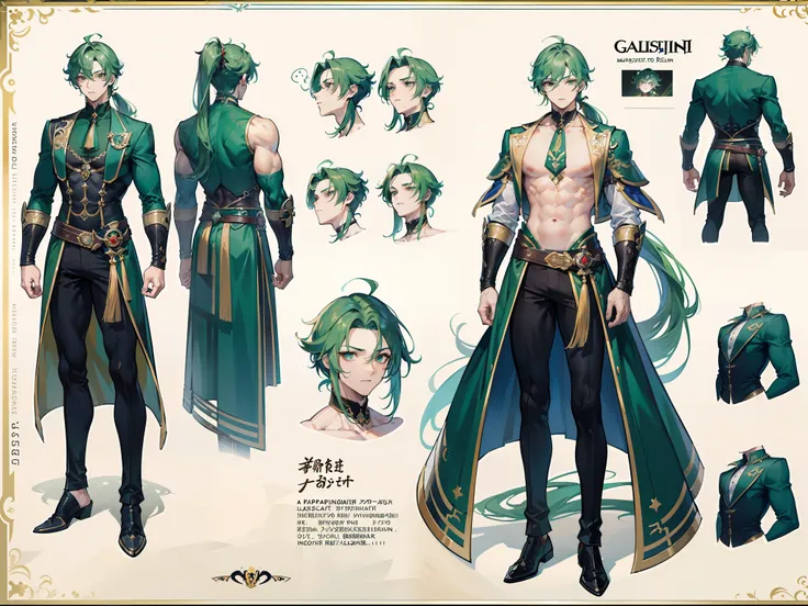 ((Masterpiece, Highest quality)), Male, boy,  Detailed face, character design sheet， full bodyesbian, Full of details, frontal body view, back body view, Highly detailed, Depth, Many parts, Muscle boy with ponytail long green hair，handsome man, muscle body...