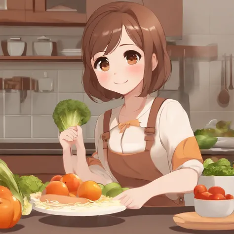 sombreamento estilo anime plano, mulher anime, Personagens no estilo anime, estilo anime plano,nutritionist、Tenha uma frigideira, brown hair, Pinafore, pose poderosa、Kitchin, Menina anime poderosa,illustratio、fundo laranja、Vegetais、baby