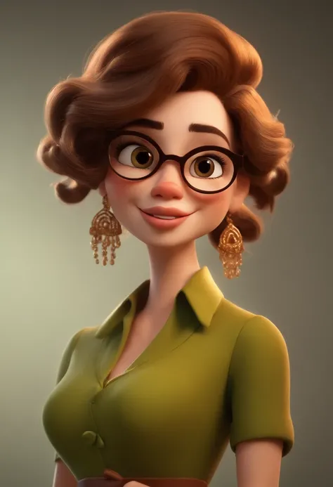 Pixar-inspired cartoon character of a woman with half-thick lips with color harmonic with her face, with golden round glasses, camisa verde escuro e saia bege puxando e cinto dourado e couro marrom , wavy light brown hair with bangs up to the eyebrow half ...