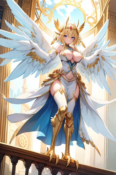 4k,hight resolution,one woman,harpy,bright blonde hair,longhaire,bright blue eyes,huge tit,bright white wings,golden toenails,va...