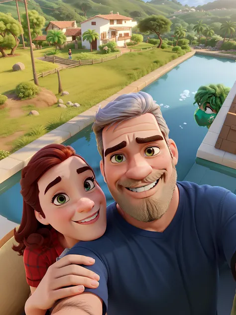 romantic couple, homem de barba grisalha e cabelo grisalho com mulher loira, tirando selfie,  igual aos filmes Disney Pixar