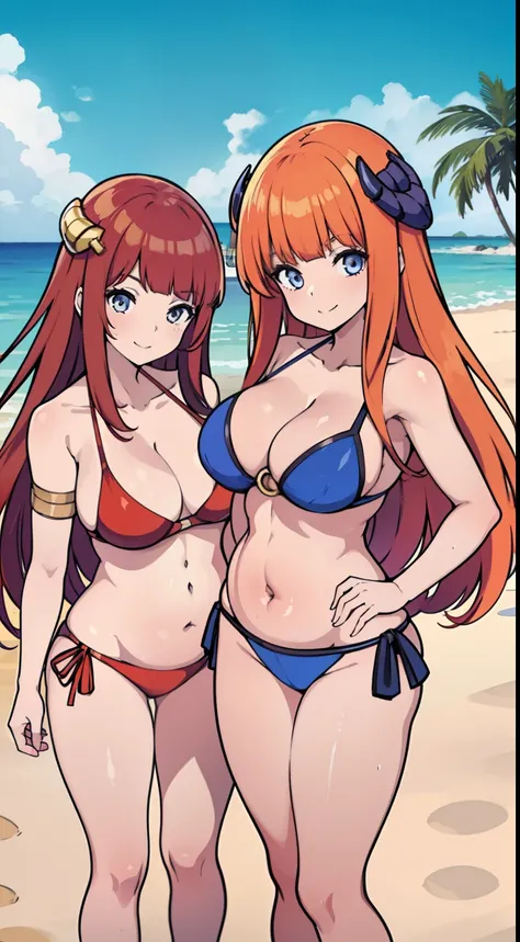 3 25-year-old woman in bikini on the beach, 3 women, Three girls in bikinis, 25-year-old female, best qualityer, 8k 3 girl standing, swimmingpool, Long hair, Teasing smile, Shoujo Mangacore, Anime tassel style, comic strip,Defined body, 比基尼, mediuml breast...