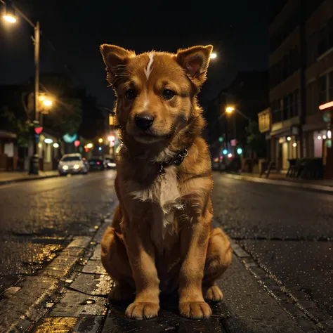 (a)golden puppy in the middle of a road,(a)matte background,(slightly dim,street lights,matte lights),(best quality:1.2,ultra-detailed,realistic:1.37),(closed snout,round eyes),(vivid colors,soft lighting),(melancholy,sadness)