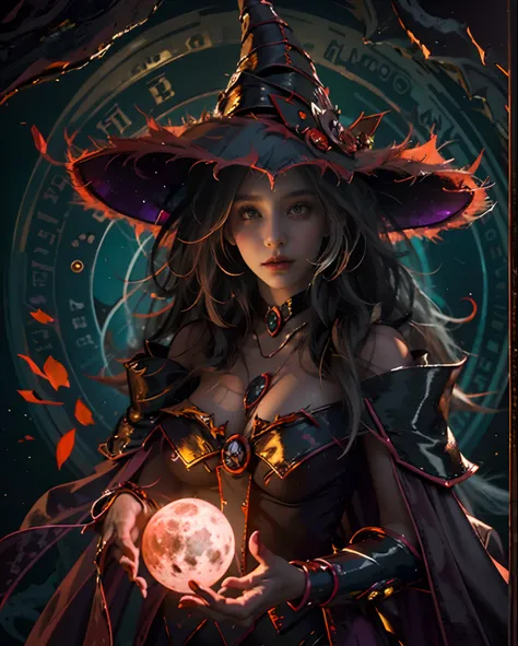 Dark magician gils bruja, Create a mesmerizing piece of digital art depicting a mesmerizing woman exuding ethereal beauty under the bewitching glow of a blood moon on Halloween night.