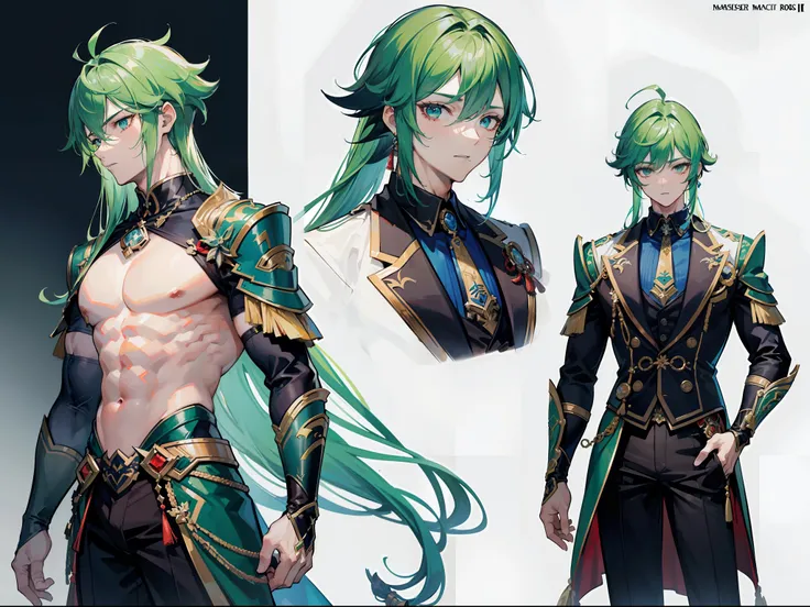 ((Masterpiece, Highest quality)), Male, boy, Detailed face, character design sheet， full bodyesbian, Full of details, frontal body view, back body view, Highly detailed, Depth, Many parts, Muscle boy with long green hair with long bangs，handsome man, muscl...