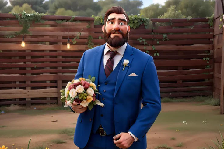 Bearded man in suit holding a bouquet of flowers, in a site environment against the background of a wooden wall