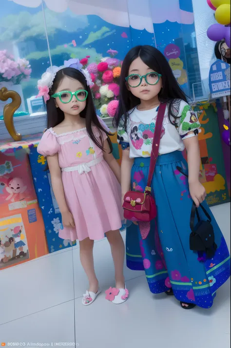 Two girls in colorful dresses and glasses in front of a wall, Looks doces, estilo meninas powerpuff, slide show, modelagem para dulce e gabanna, estilo disney, saias em camadas, inspirado em Pacita Abad, childrens, olhar dos desenhos animados, estilo de pe...