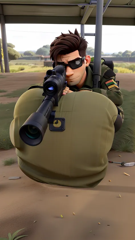 Um homem, Army Officer, deitado estilo atirador de elite, sniper, com oculos preto, usando abafador de ouvido, segurando uma arma sniper, em um campo de tiro,