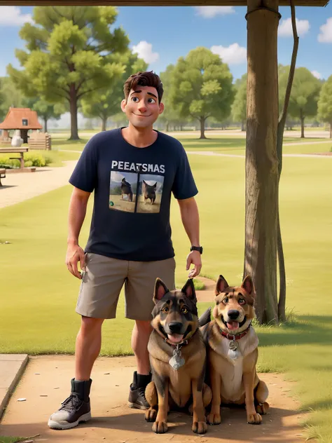 Man taking photo in the park with his two German Shepherd dogs sitting and attentive