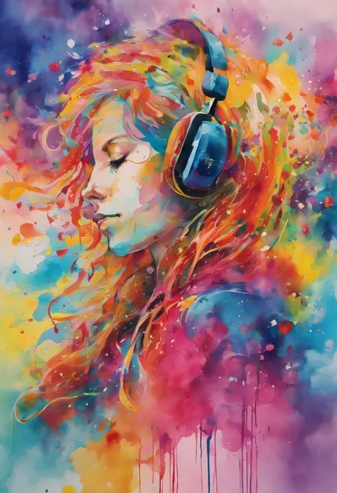 High quality, Masterpiece, aquarelle, wash technique, Colorful, A painting with dripping and scattered paint, Painting like Agnes Cecile, Blurry, pale touch, smudged outline, like a fairy tale, A young man listening to music with headphones on, christianit...