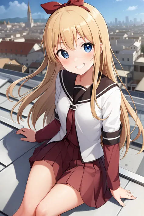 (best quality:1.2), masterpiece, ultra high resolution, (hard light:0.5), depth of field,  1girl, blue_eyes, blonde_hair, red ri...