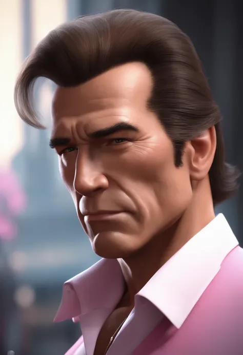 personagem dos desenhos animados de um homem e uma camisa rosa escrito yakuza, animation character, Caractere estilizado, animation style rendering, 3D estilizado, musculoso estilo Arnold Schwarzenegger (best quality) (8k) estilo disney pixar