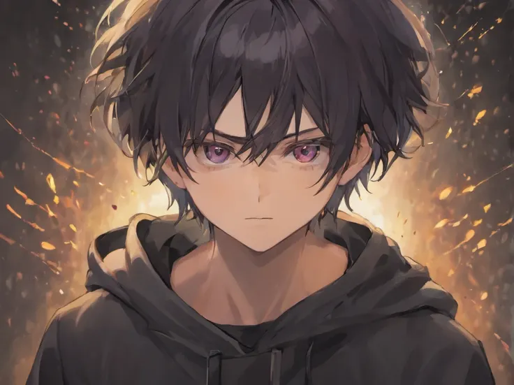 （Short-haired man facing the front、high-level image quality）Only the face and neck part、Black hoodie、Dark hair、Black glowing eyes、The human、a lot of hair、glares、Put your hand on your cheek、looking-down（Background with）dark