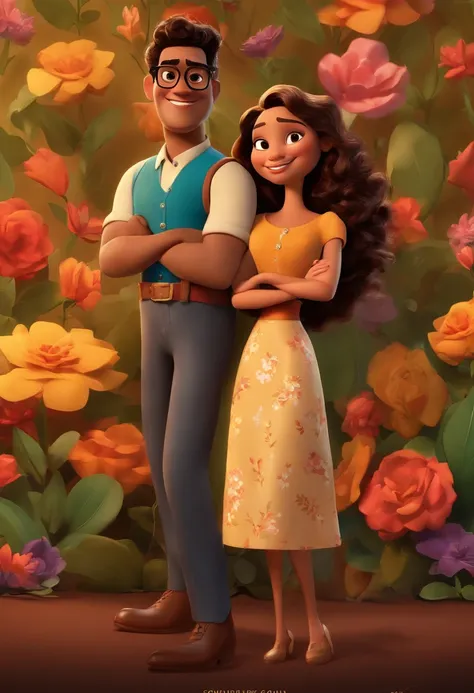 Create a Pixar-style poster titled The Tobias Shes a brunette, cabelos cacheados na altura dos ombros, sorridente, usando um vestido, And hes a media mulatto , wearing glasses and suit, smiling against a floral backdrop with vibrant Disney Pixar colors and...