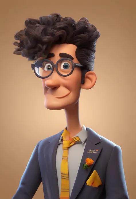 criar uma imagem estilo pixar, sou moreno claro, sexo masculino, pouco acima do peso, I wear glasses, tenho formato do rosto oval, sobrancelhas grossas, cabelo crespo bem baixinho, olhos pequenos da cor castanho escuro, boca pequena, cara de nerd, vestido ...