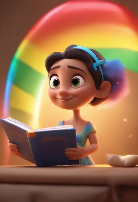 Cartoon character of a woman with bible in hand and a rainbow-colored salopete dress, cor dos olhos castanho, animation character, Caractere estilizado, animation style rendering, 3D estilizado, , 3 d render stylized, toon render keyshot, Personagem 3D, Pe...