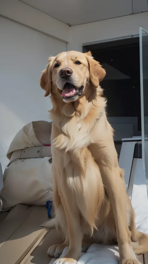 4K HD |, fotografia de alto detalhe, Tiro com Sigma F/4.2, Sharp 250mm lens, profundidade de campo rasa, Golden Retriever Branco, consistente, detailed high light refraction, high level texture render, assustador, olhos vermelhos.