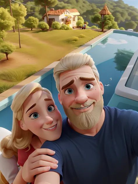 White Romantic Couple, O homem tem cabelo e barba grisalha.  The woman is blonde. Igual aos filmes Disney Pixar. should be as realistic as possible.