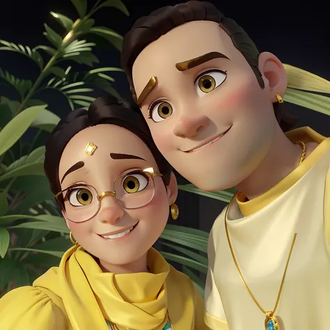 Um casal loiros, She with a gold earring and a necklace around her neck, He with a gold cord, ele com um cabelo estiloso, ela com um cabelo grande loiro, no estilo Disney pixar, alta qualidade, melhor qualidade