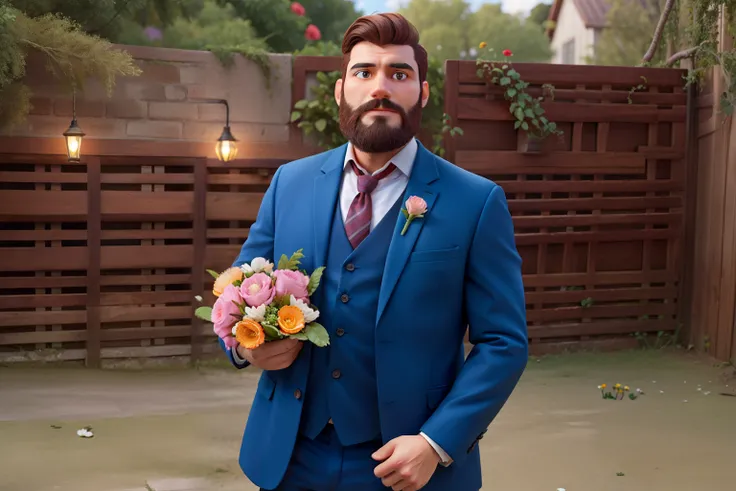 Homem completamente normal de barba, In a suit holding a bouquet of flowers, In the background a wooden wall decoration