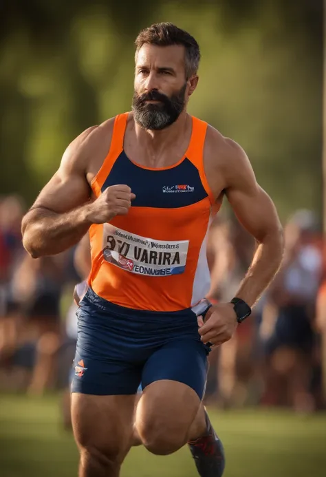 Homem de camisa laranja correndo em uma corrida, vestindo uma camiseta laranja, vestindo uma camiseta laranja, icaro carvalho, Athletic man in his 40s, vestindo camiseta e combates, em roupas laranja) lutar, inspired by Zoran Mušič, com barba curta