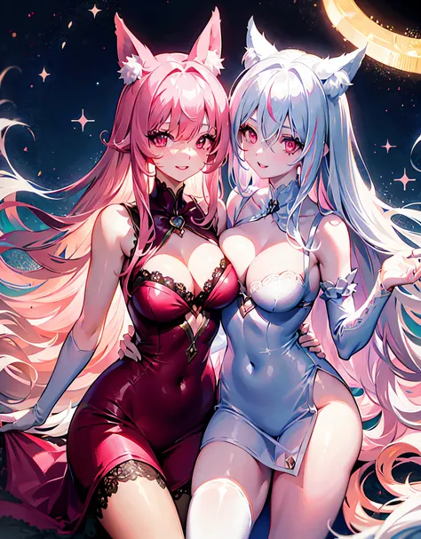 good anatomy, 2 girls, hugs, light smile, fox_ears, noble, lace dress, jewel, pink eyes, hair between eyes, streaked hair, silver long hair, large breasts