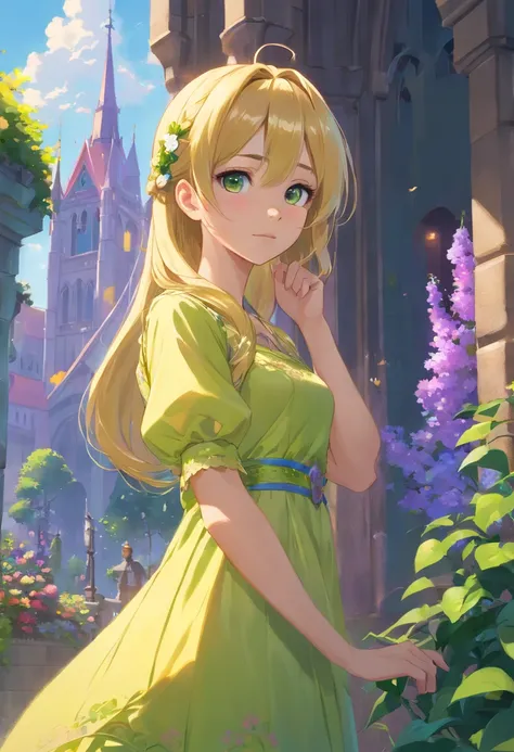 princesa da flor, Rapunzel, Beautiful, Brilho amarelo brilhante, longos cabelos loiros, olhos verdes, lilac flower dress, Hera Verde, nice young guy, pele bronzeada macia, retrato de arte conceitual por Greg Rutkowski, germe da arte, Ultra-detailed and int...