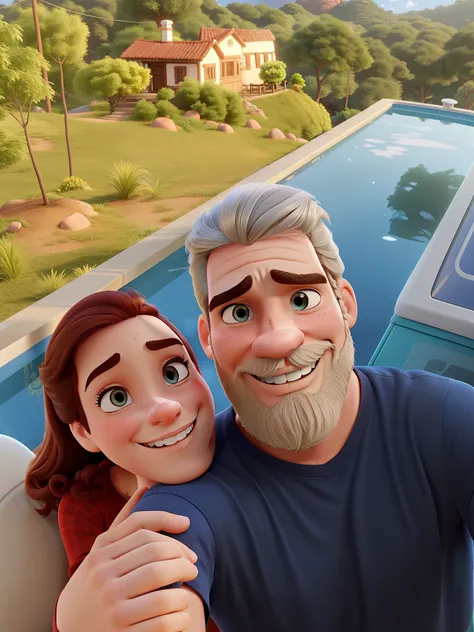 romantic couple. O homem tem cabelo e barba grisalha.  A mulher tem cabelo loiro. Disney Pixar.